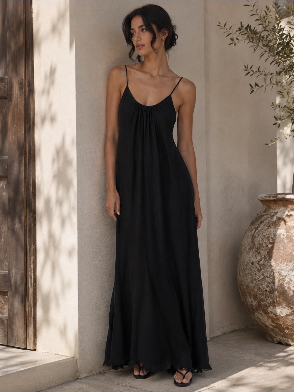 Nation LTD Sleeveless Black Maxi Slip Dress with Spaghetti Straps